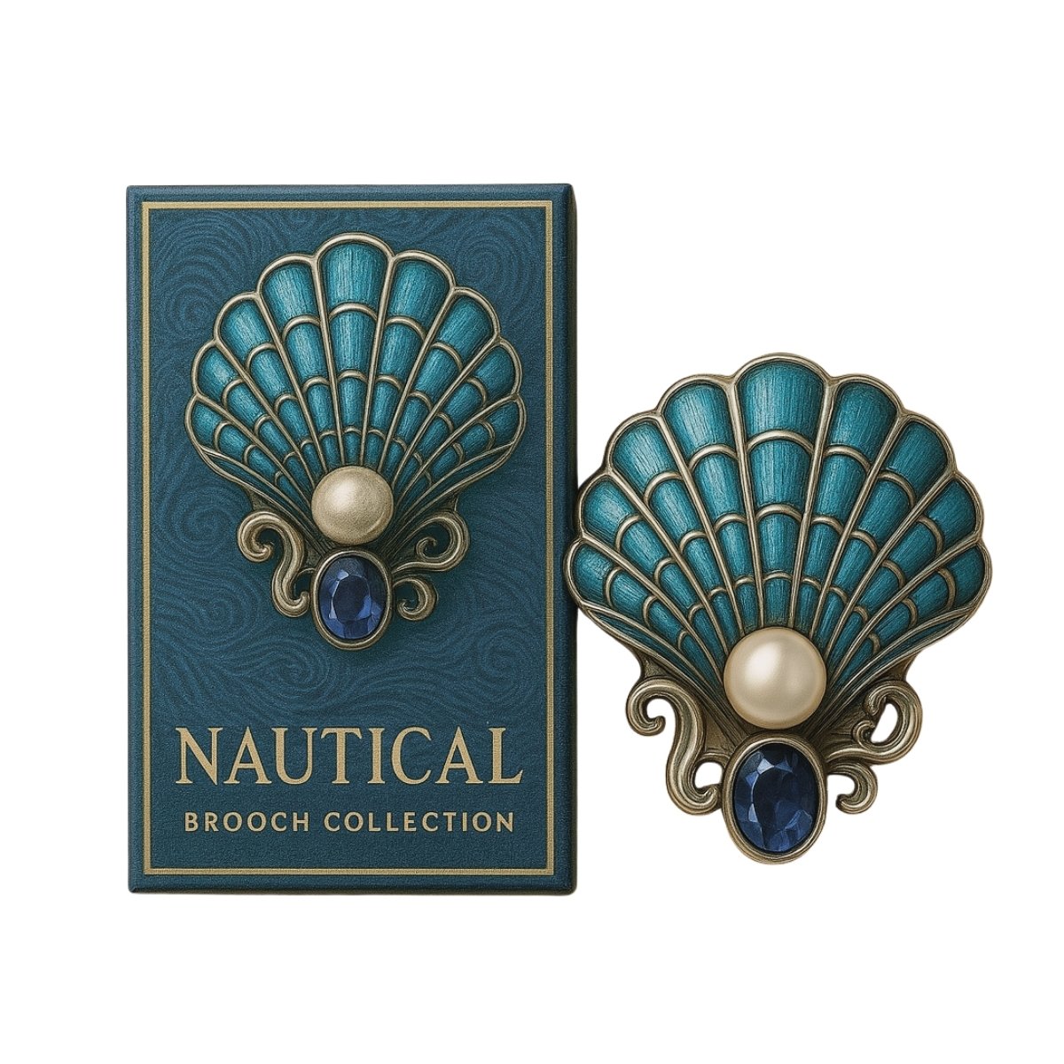 A nautical brooch displayed with its elegant custom packaging