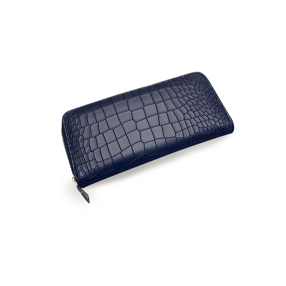Navy blue color option for the crocodile texture long zip purse