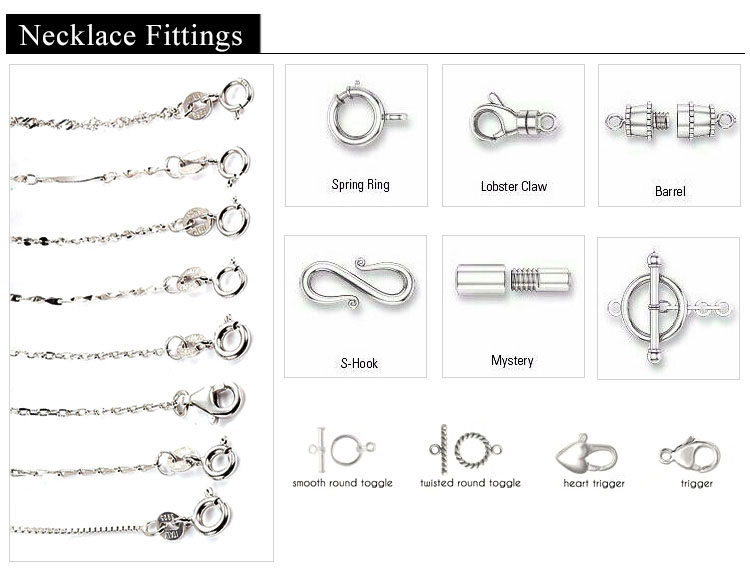 Various types of necklace chains and clasps available for customization
