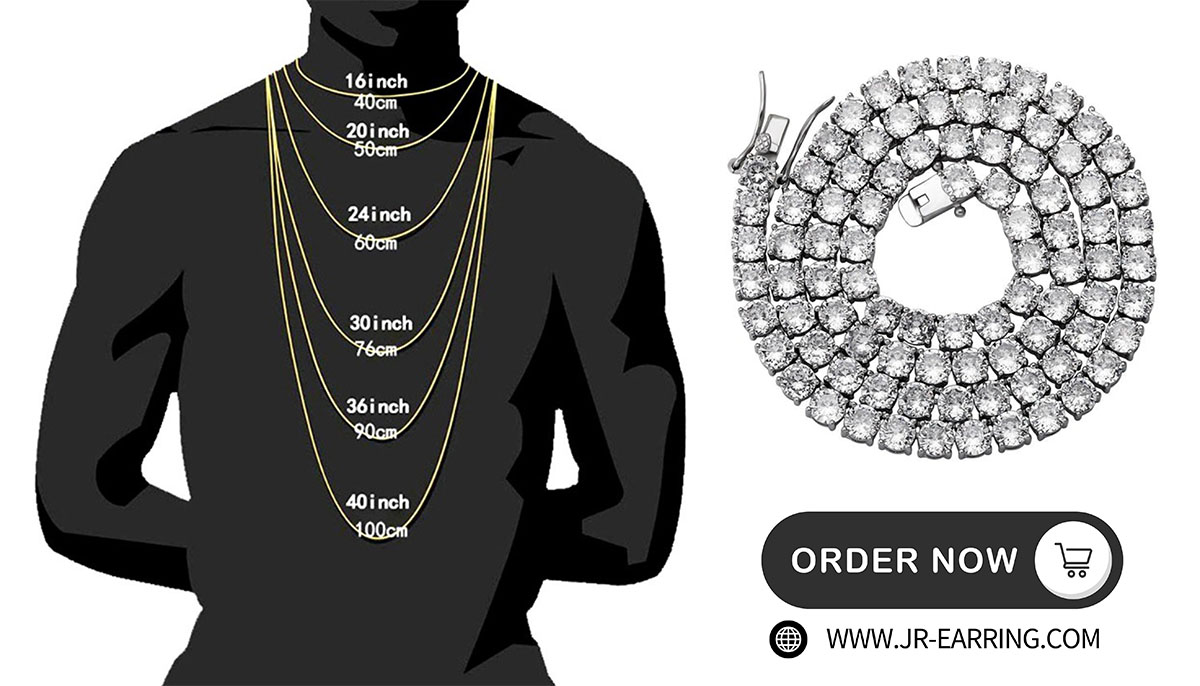 A chart showing different necklace lengths on a mannequin, ranging from 16 to 20 inches.