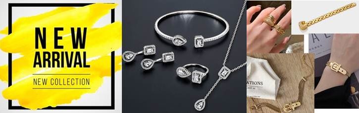 A display of JR Fashion Accessories' new jewelry collection, featuring elegant silver and gold pieces.