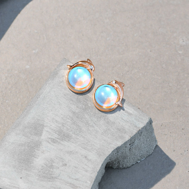 Rose gold version of the 925 sterling silver sea moonstone dolphin stud earrings.