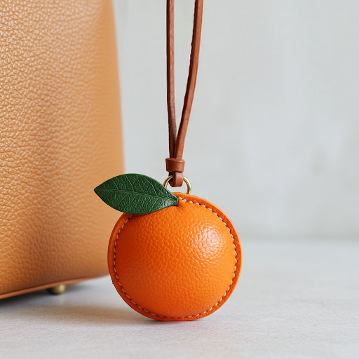 A leather orange charm attached to a matching leather bag