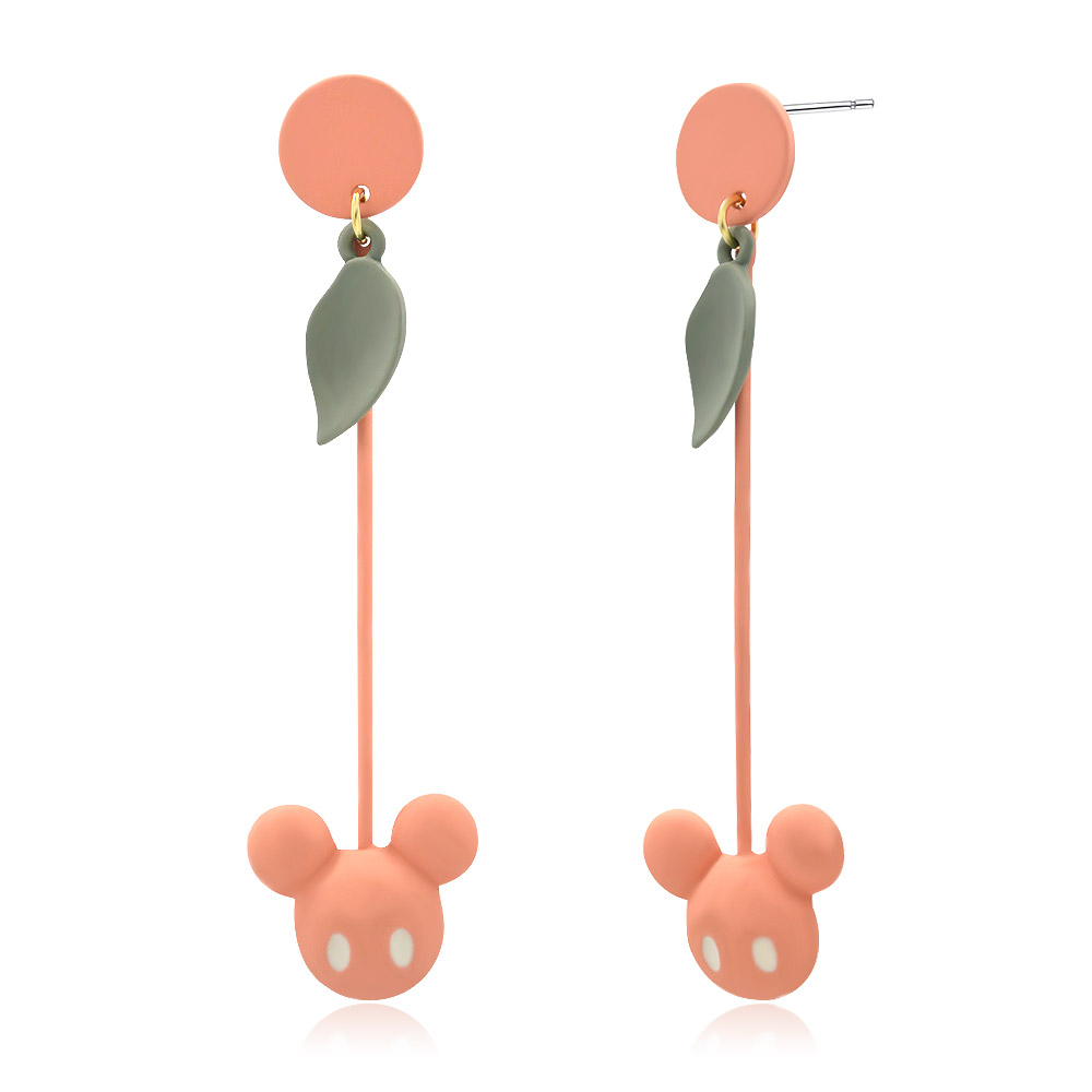 Detailed view of the peach-colored Disney Mickey Mouse dangle earrings with epoxy details.