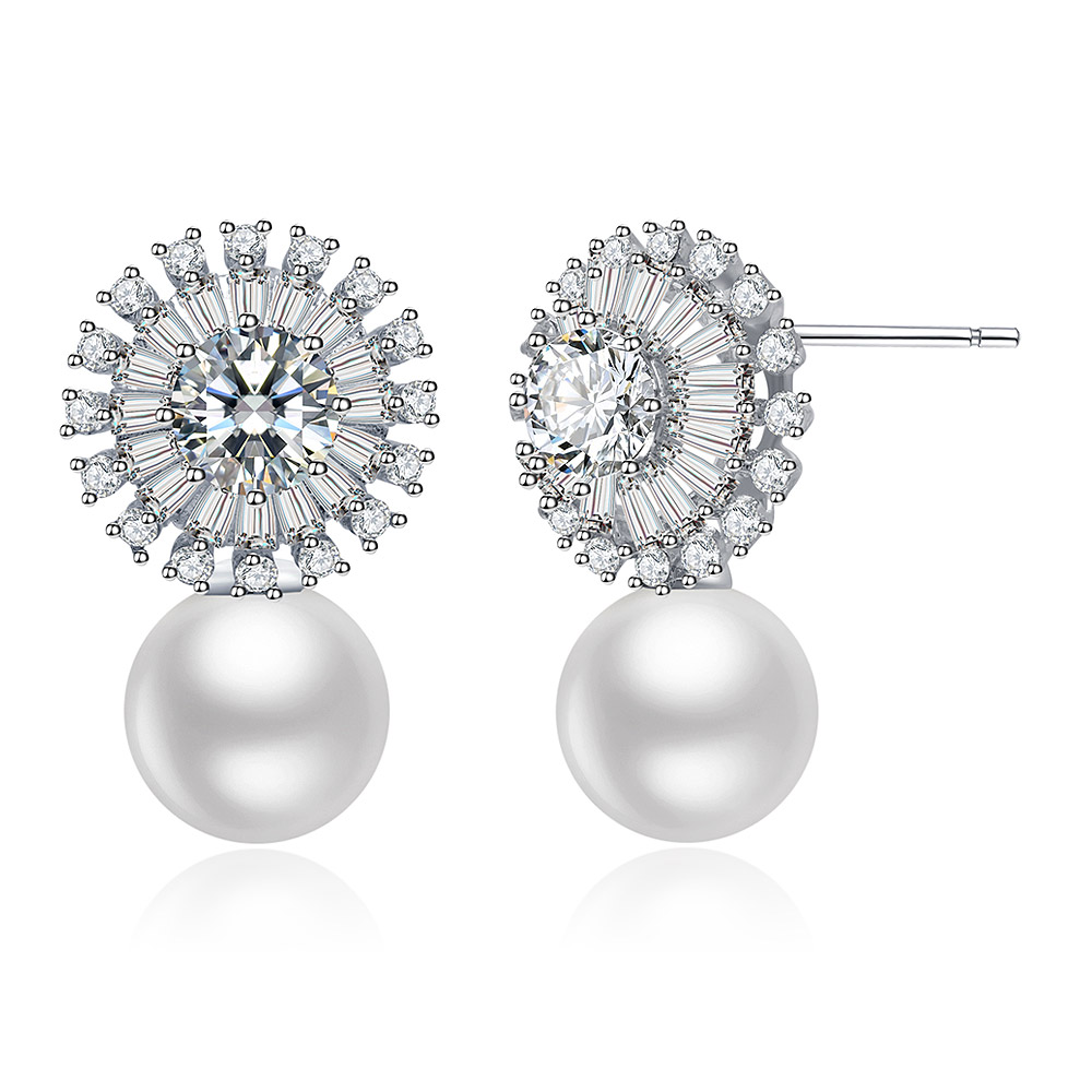 Detailed view of the Rhodium Flower Pearl Earrings