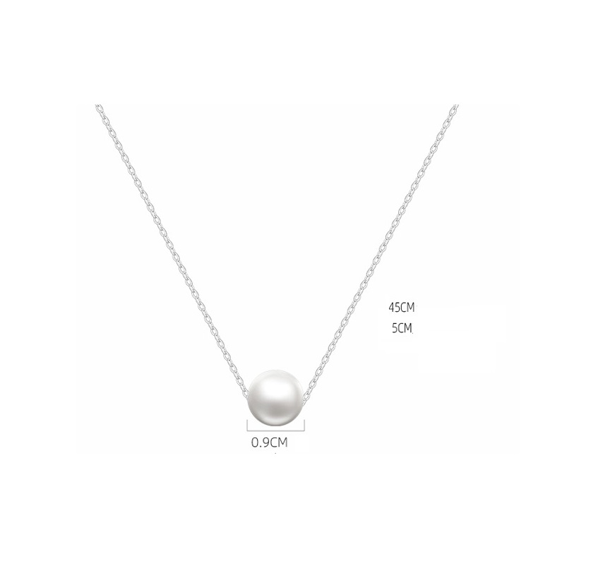 Detailed view of the silver shell pearl necklace with measurements indicating a 45cm chain and 0.9cm pearl.