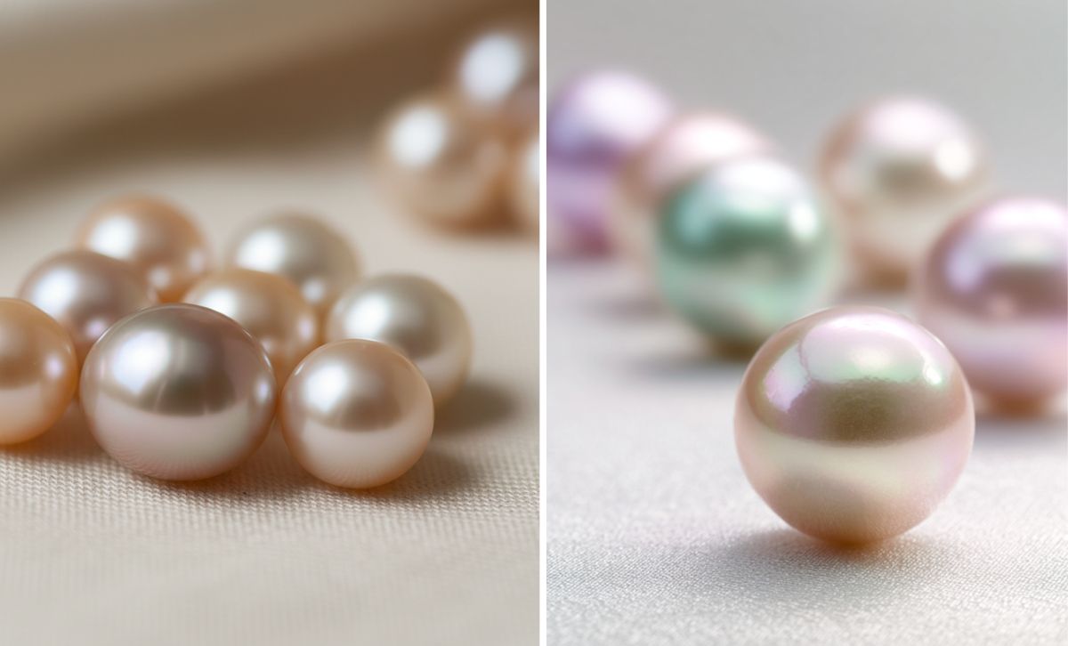 A showcase of various pearl types and colors laid out for display.