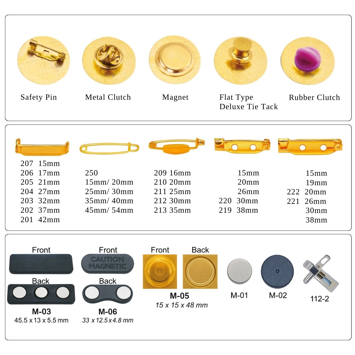 A chart showing various backing options for a custom letter brooch, including safety pin, metal clutch, and magnet.