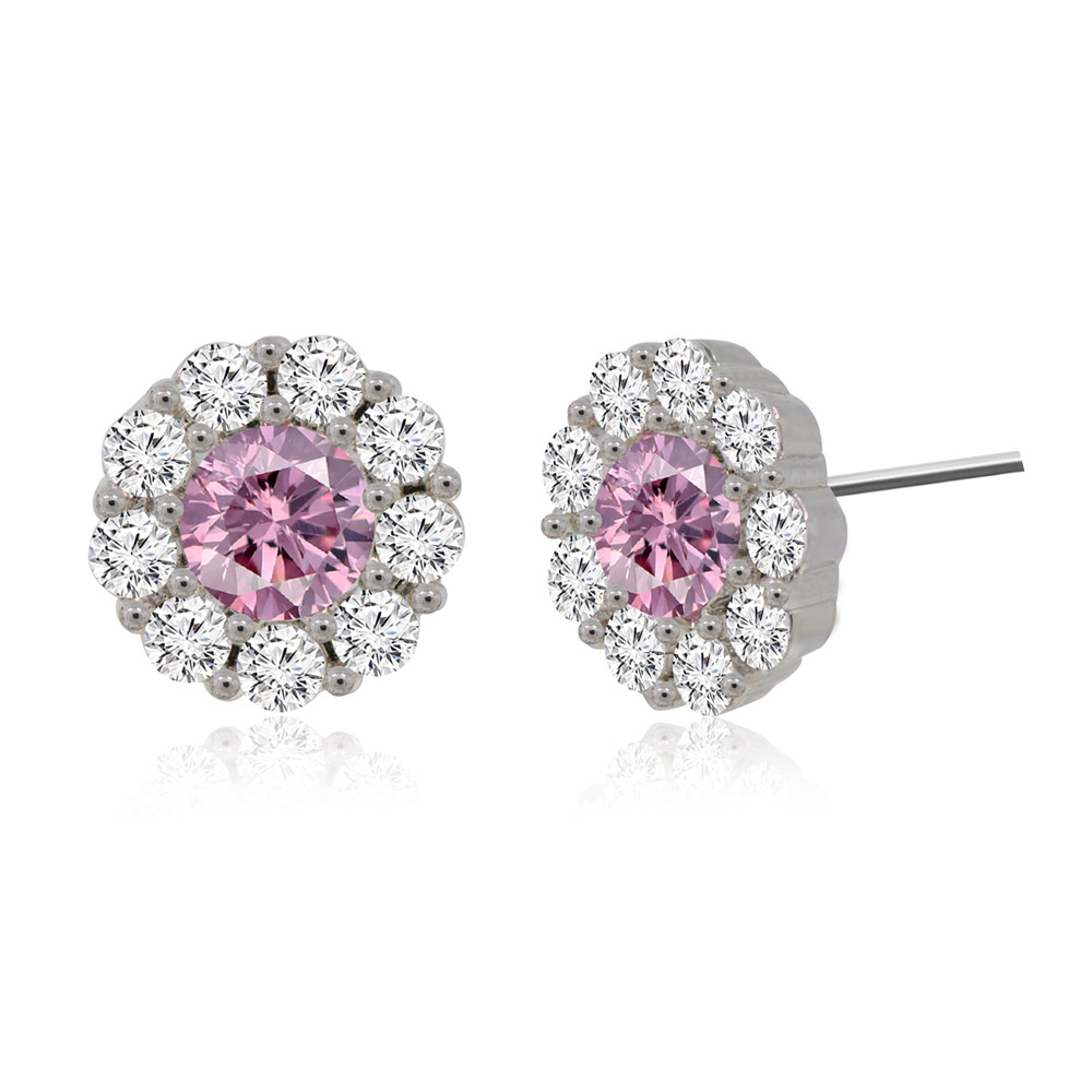 A detailed close-up of the pink round stud earring, highlighting the central gemstone and surrounding halo.