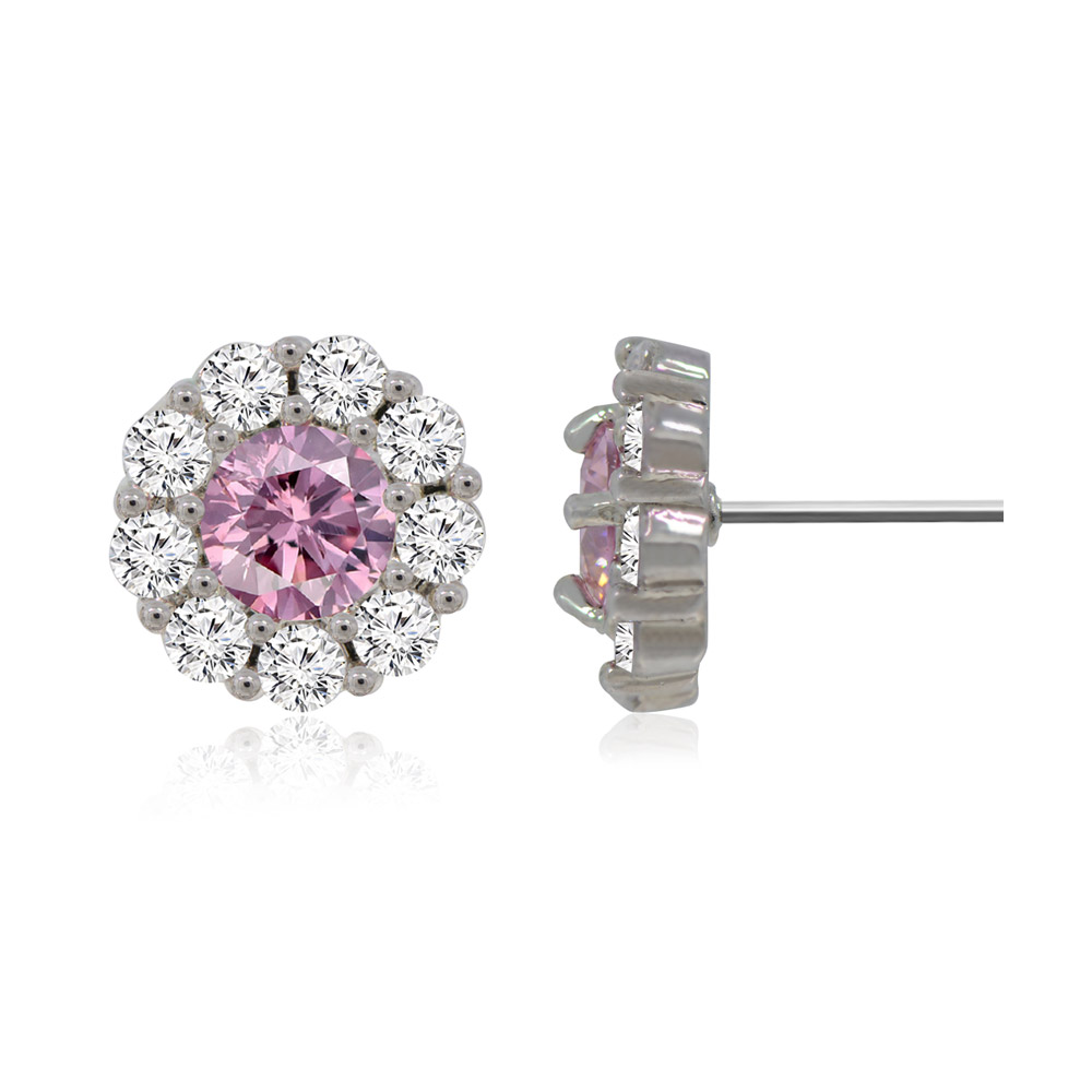 Side and front profile of the pink stud earring, displaying the post closure and setting depth.