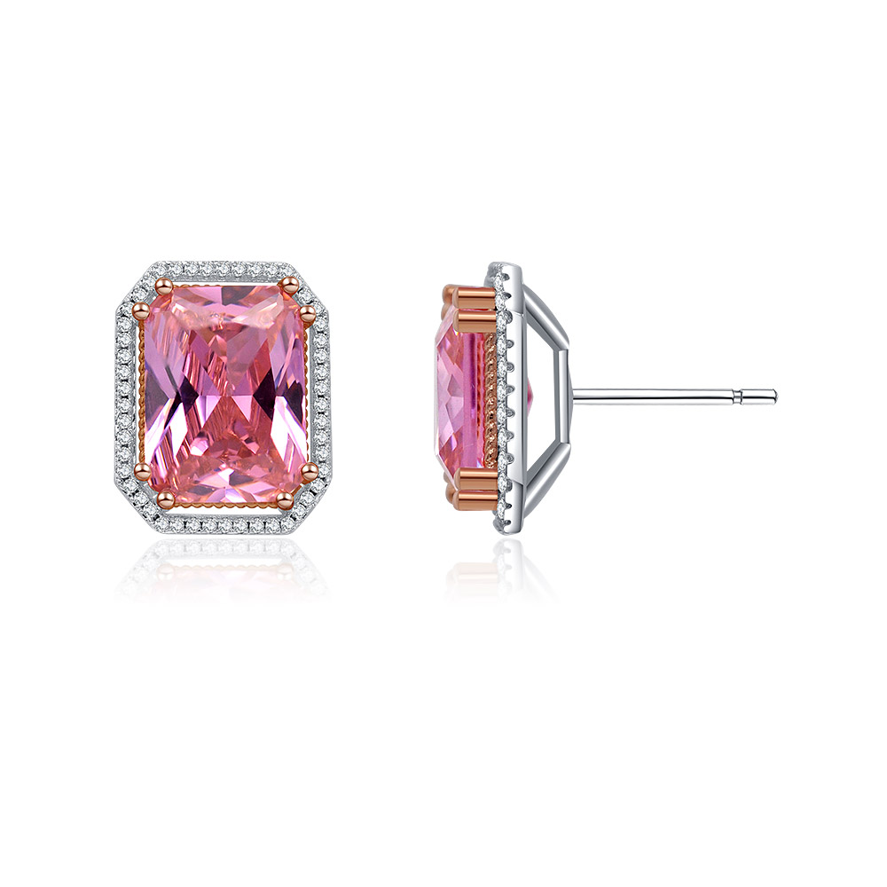 A detailed view of the Rectangle Cushion Cut Pink Earrings showing the side profile and setting.