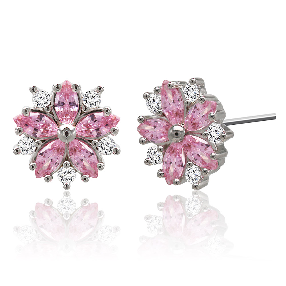 Close-up of the pink and white gemstones on the floral stud earring