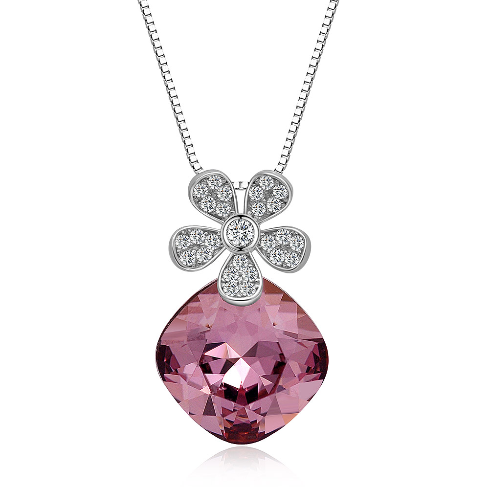 Detailed view of the pink Swarovski crystal flower pendant