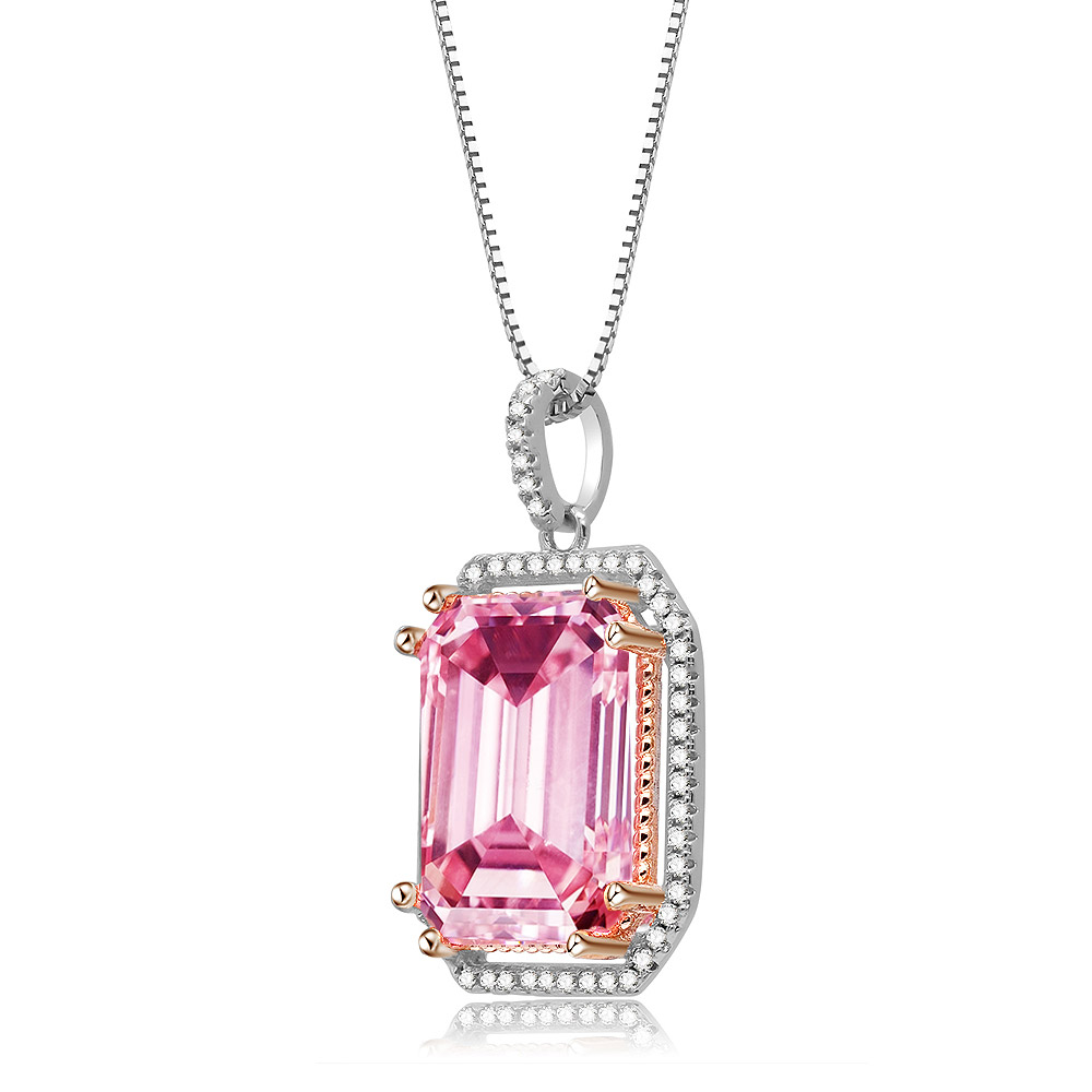 Close-up of the pink gemstone pendant with rose gold accents