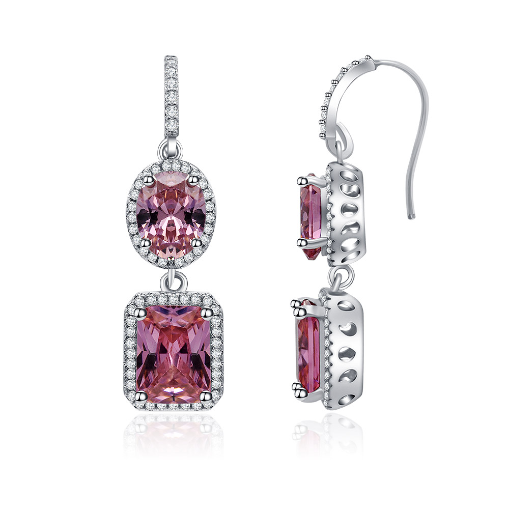 Detailed view of the two-part design with oval and square pink gemstones