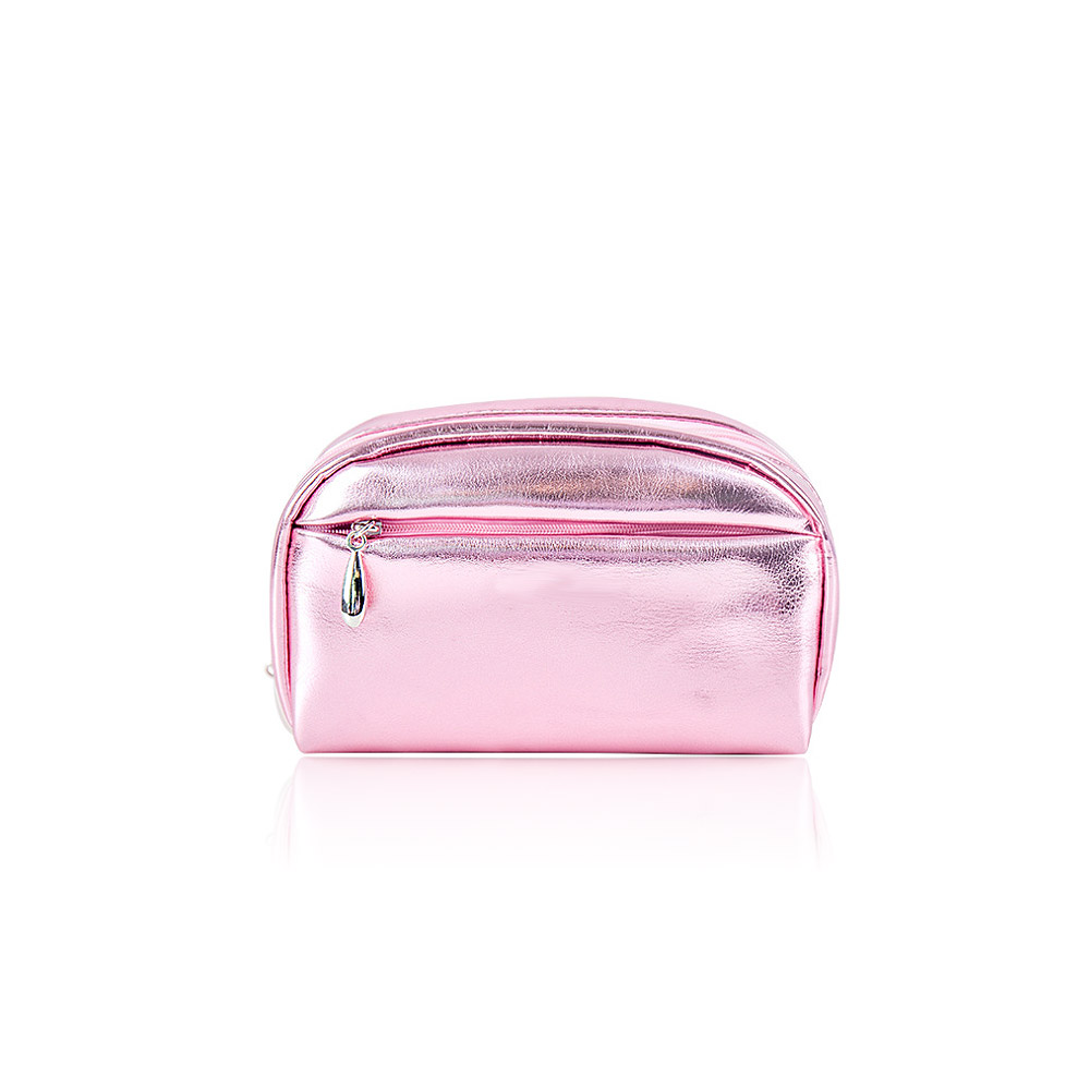 Pink metallic cosmetic bag with a zipper closure