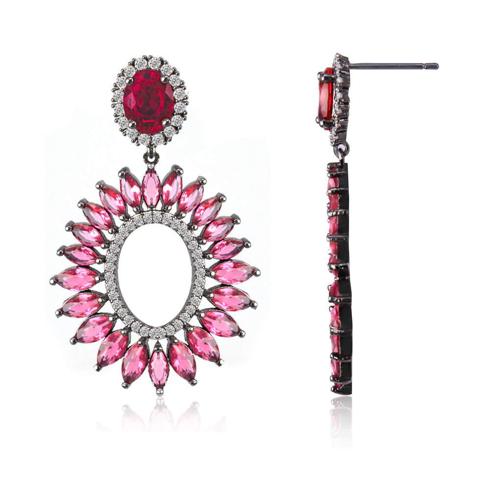 Detailed view of the Red Radiant CZ Earring's profile and gemstone setting