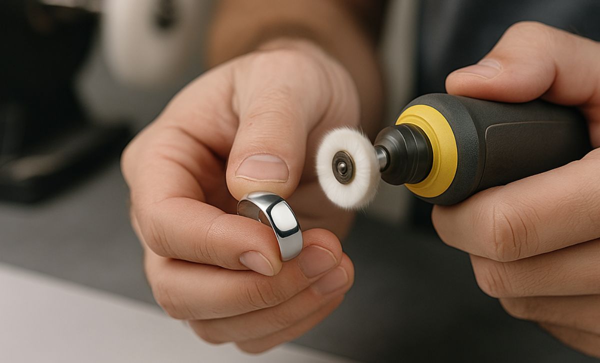 A close-up of a stainless steel ring being polished with a rotary tool to achieve a high-gloss finish.