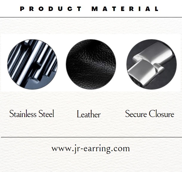 Showcase of materials: stainless steel, genuine leather, and a secure closure mechanism