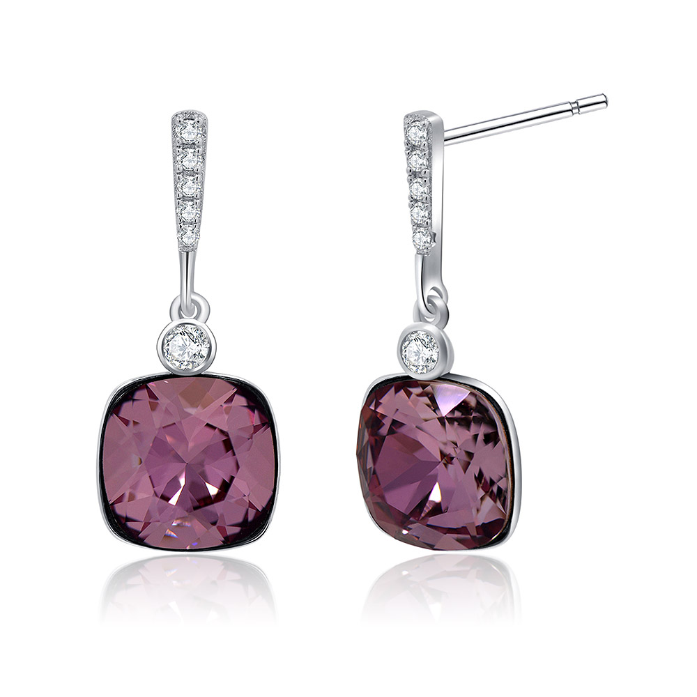 Close-up of the purple Swarovski crystal on the sterling silver earring