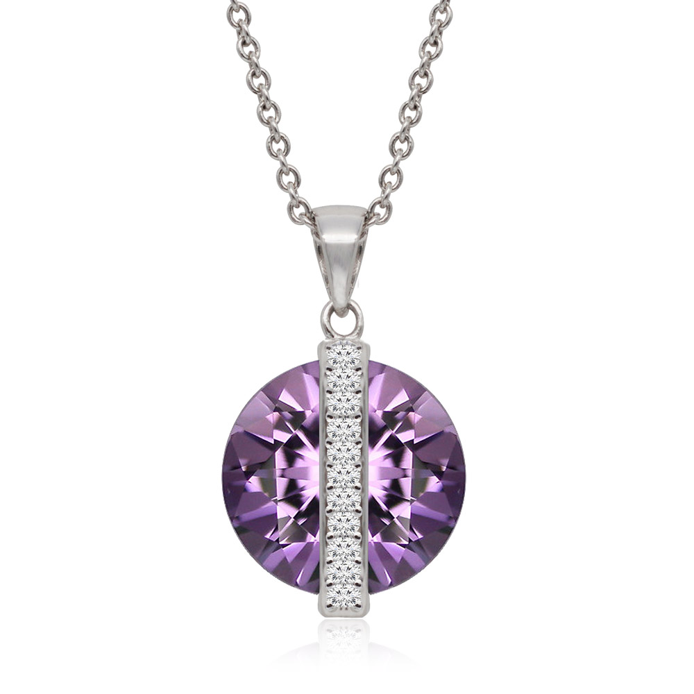 Close-up of the purple gemstone pendant with intricate detailing