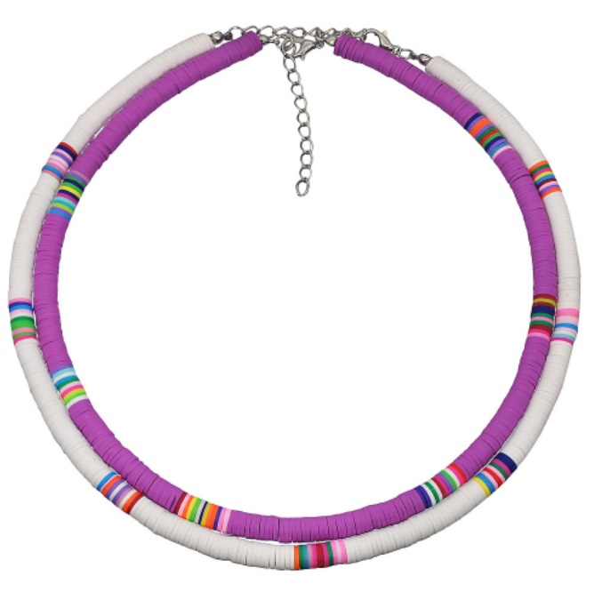 Detailed view of a handmade purple and white striped polymer clay necklace