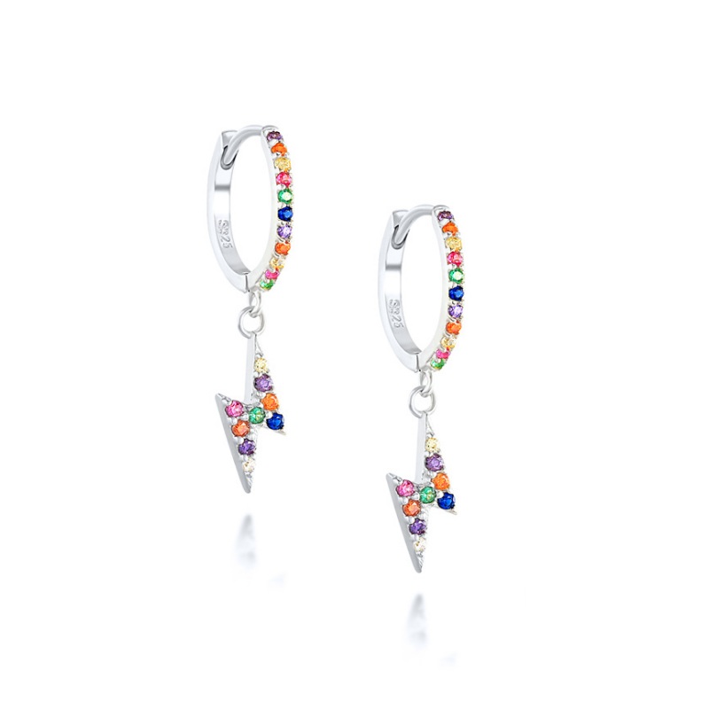 Silver version of the lightning bolt hoop earrings with rainbow gemstones