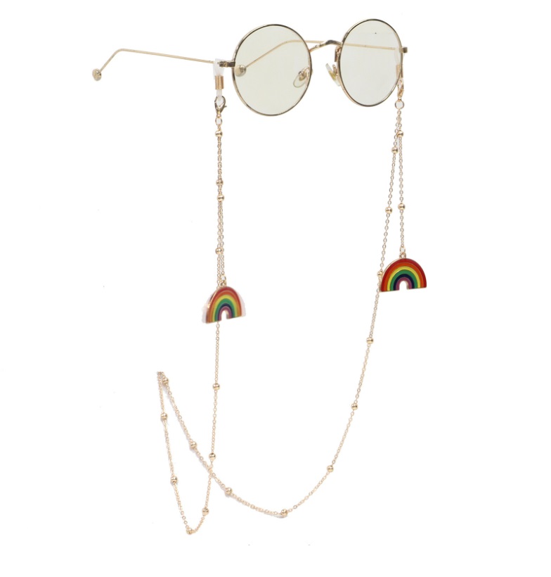 Rainbow LGBT Pride eyeglass chain holding a pair of black-framed glasses.