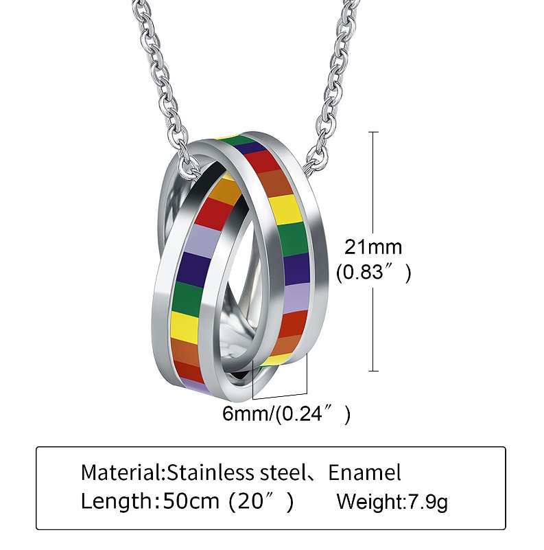 Detailed view of the rainbow interlocking ring necklace in stainless steel with enamel