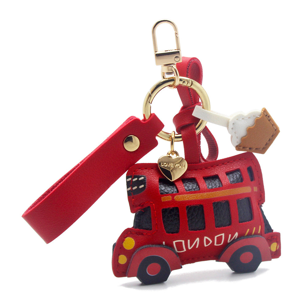 Detailed view of the red London bus PU leather keychain with intricate stitching