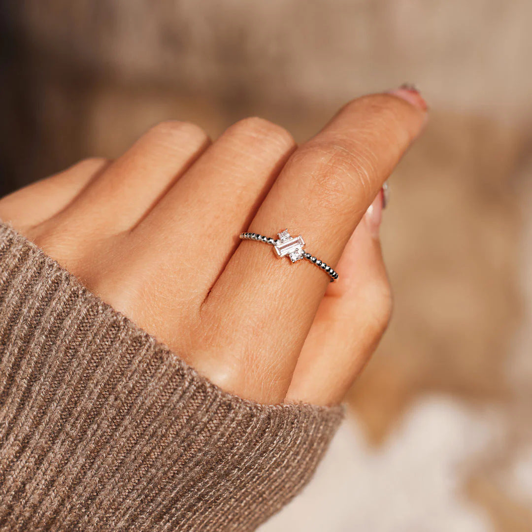 Model wearing the Asymmetric Cross Zircon 925 Silver Ring