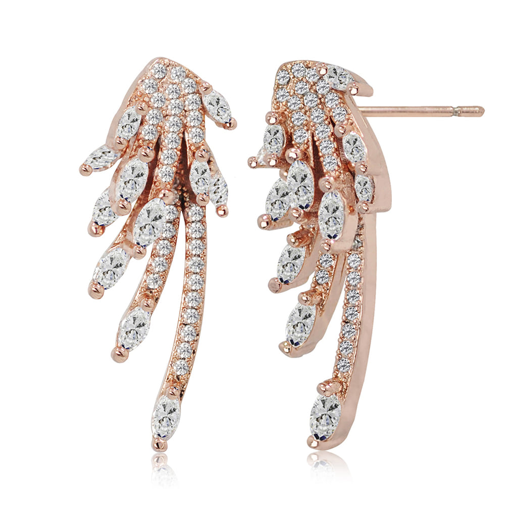 A detailed shot of the marquise clear CZ rose gold earrings showing the leaf design