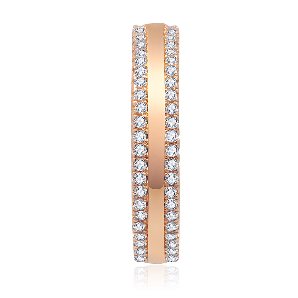 Side view of the rose gold wedding band showing the channel setting