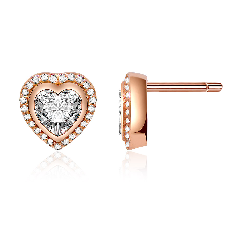Close-up of the Rose Gold Heart Ear Stud with a central heart-cut stone