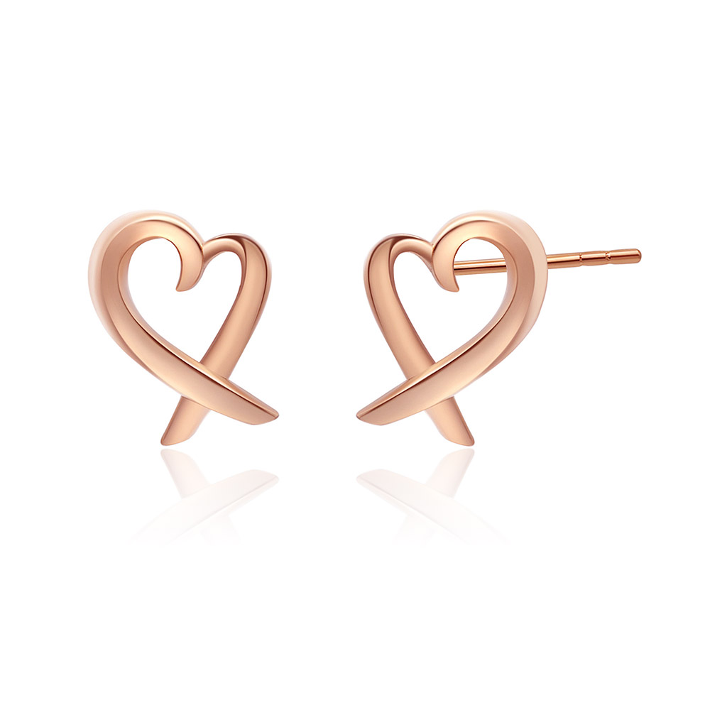 Detailed view of the intertwined loop design on the Rose Gold Heart Stud Earrings