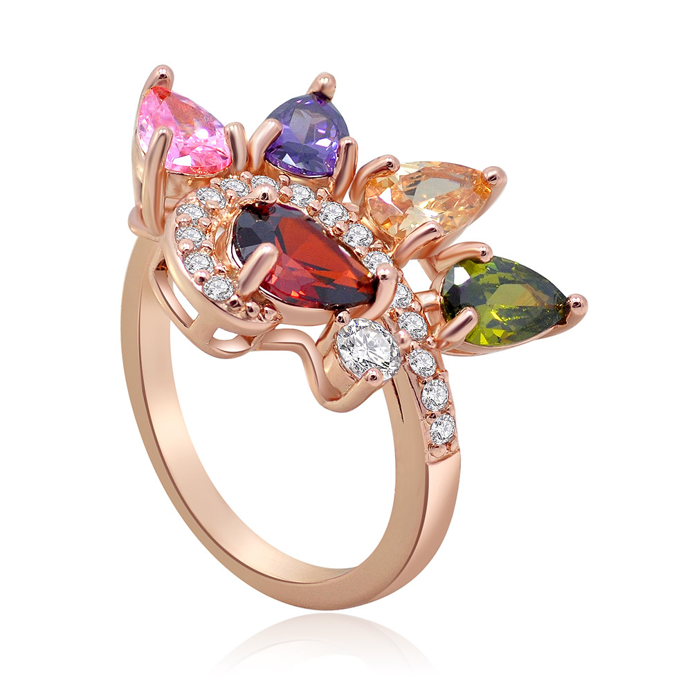 Close-up of the multi-colored gemstone flower design on the ring.