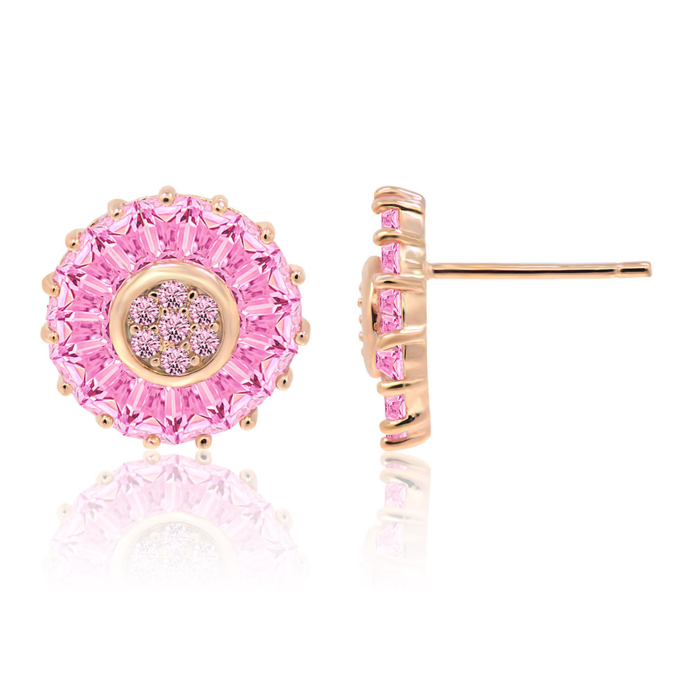 Detailed view of the rose gold and pink cubic zirconia stud earrings