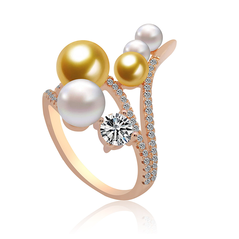 Detailed view of the rose gold ring with a diamond and pearl cluster