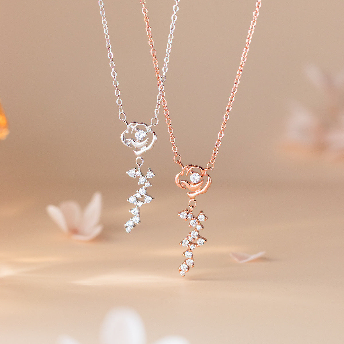 Detailed view of the 925 sterling silver elegant rose necklaces