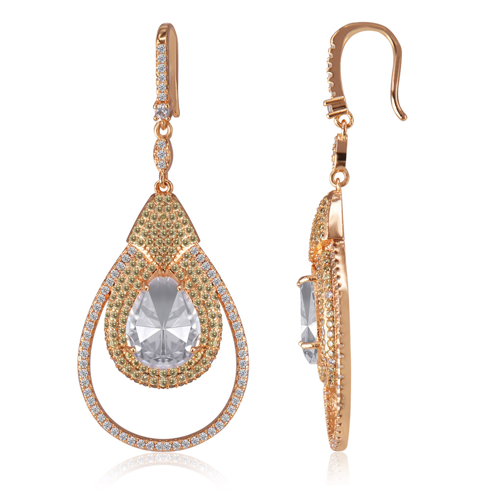 A detailed close-up of the Magnificent Drops earrings in rose gold, highlighting the intricate setting of the cubic zirconia stones.