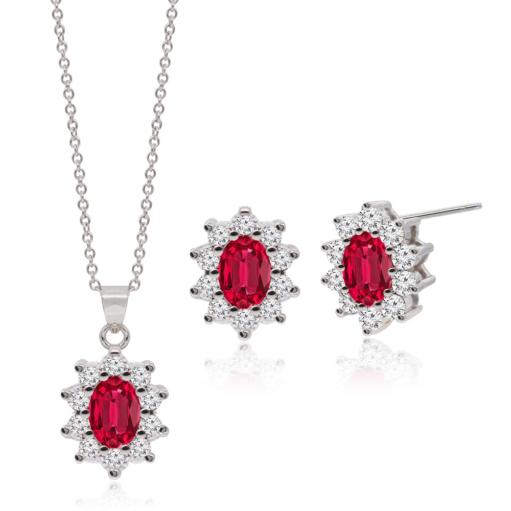 Detailed view of the Red Gemstone Sunburst Jewelry Set with rhodium plating.