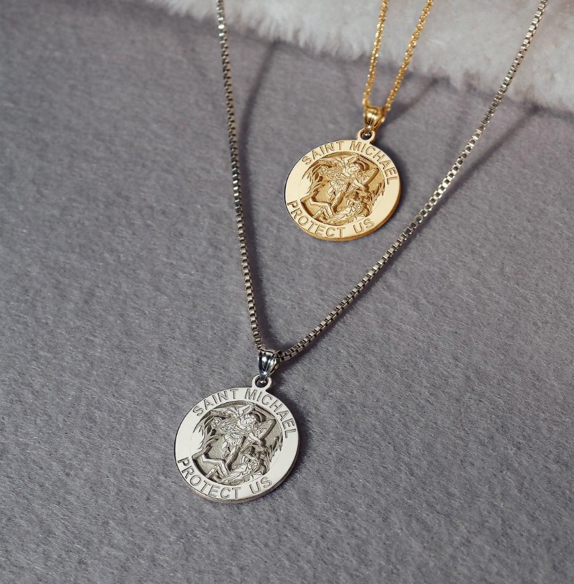 Gold and silver options for the custom Saint Michael pendant