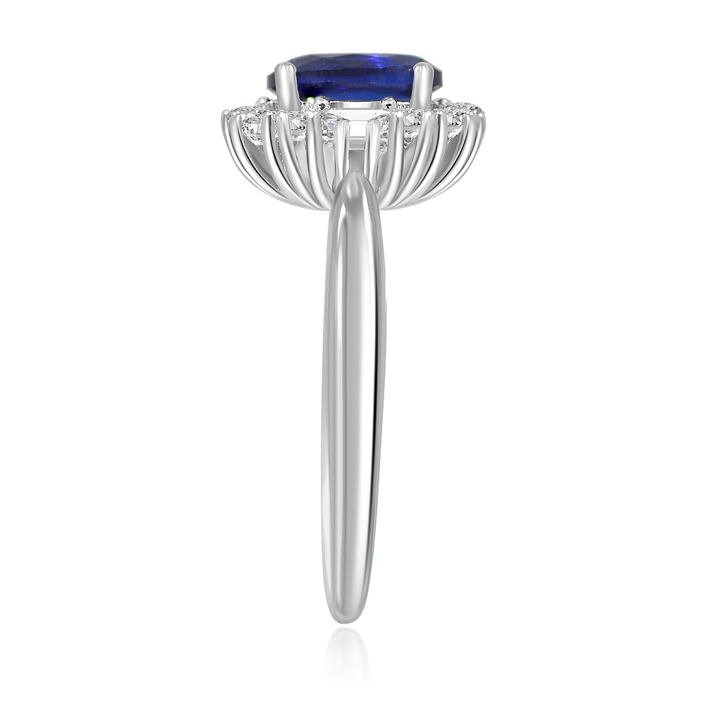 Detailed top view of the sapphire and zirconia halo ring