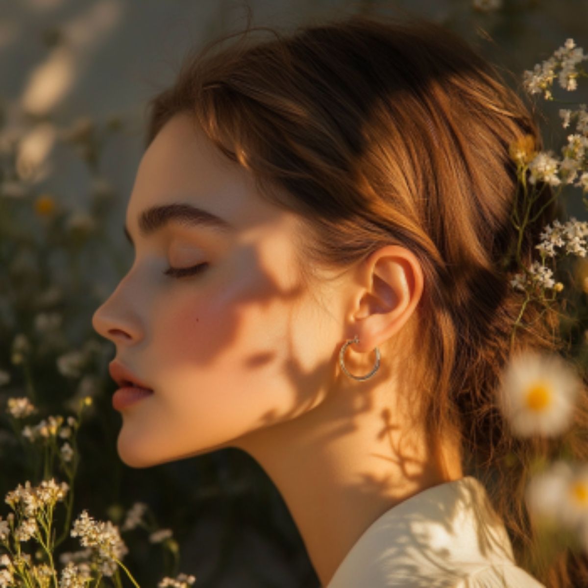 A serene woman wearing elegant jewelry, representing timeless beauty.