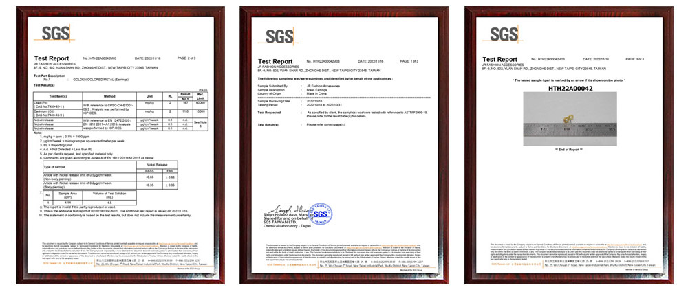 SGS test report for jewelry materials, demonstrating our commitment to quality and safety standards.
