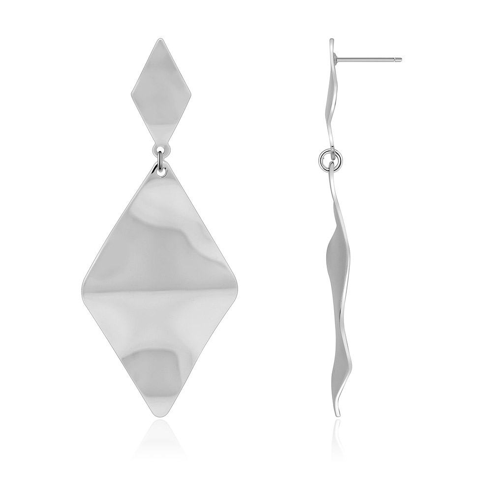 A detailed side view of the Geometric Polished Rhodium Plated Earrings