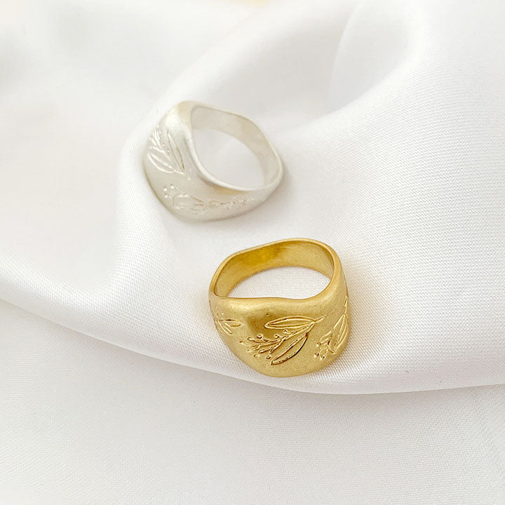 A pair of brass rings, one in gold and one in silver, featuring a delicate leaf design.