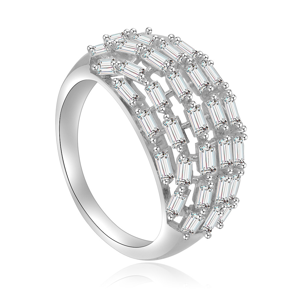 Detailed view of the baguette-cut cubic zirconia stones on the dome ring