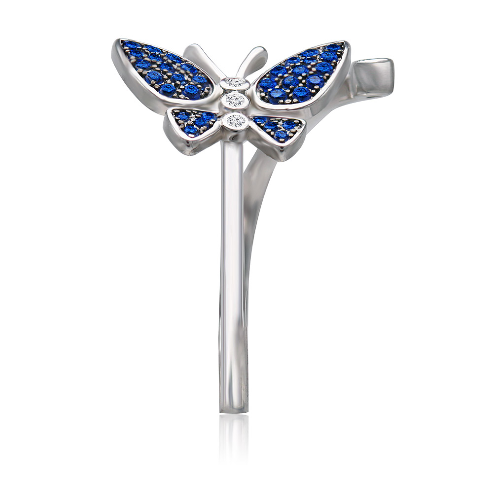 Detailed craftsmanship of the Fluttering Chic butterfly ring with blue and white gems.