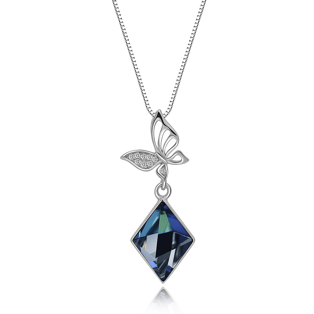 Detailed view of the blue Swarovski crystal butterfly pendant
